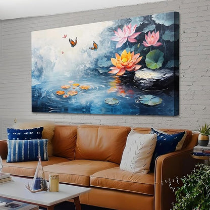 Enartly Lotus Canvas Wall Art for Living Room, Butterfly Floral Painting Zen Artwork Framed for Bedroom Hallway Spa Salon Yoga Picture Home Office Wall Decor, Large 40"x20"