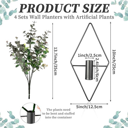 Wall Decor Hanging Planters with Artificial Plants, Modern Metal Wall Planter Set with Greenery Eucalyptus, Geometric Fake Plants for Black Decor Living Room Aesthetic (4 Pcs)