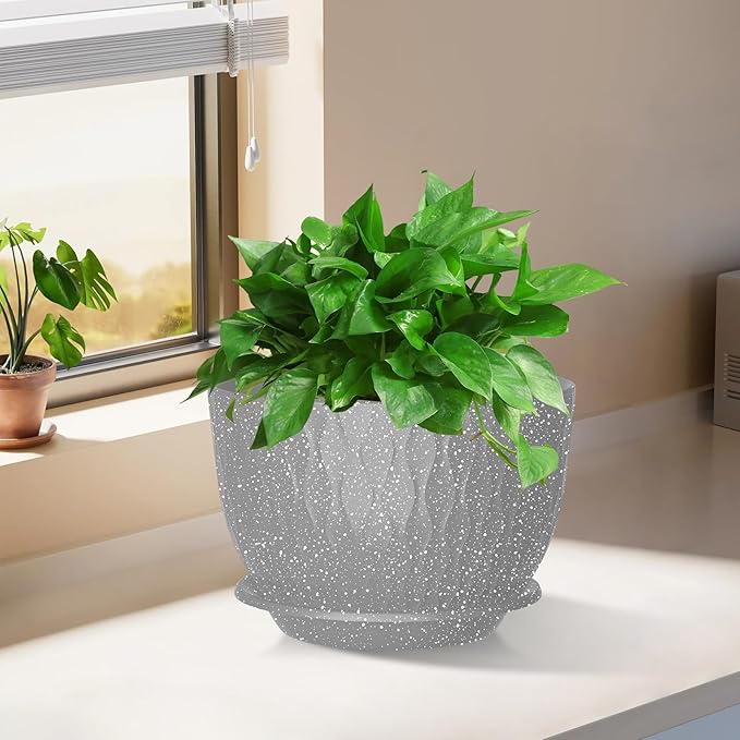 12/10/9 Inch Planter Pots, 3-Pack Large Flower Pots for Indoor Outdoor Garden Plants, Big Plant Pots with Multi Mesh Drainage Holes and Saucer (Speckled Grey, 12"+10"+9")