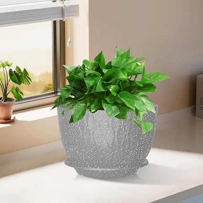 12/10/9 Inch Planter Pots, 3-Pack Large Flower Pots for Indoor Outdoor Garden Plants, Big Plant Pots with Multi Mesh Drainage Holes and Saucer (Speckled Grey, 12"+10"+9")