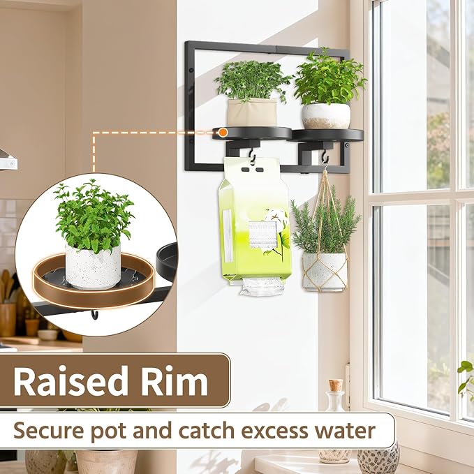 LASZOLA Black Wall Mount Plant Shelves with Hangers for Indoor Flower, Heavy Duty Metal Window Floating Planter Holders Stand, Modern Iron Picture Frame with Hook Decorative for Kitchen Bathroom