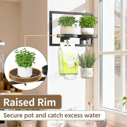 LASZOLA Black Wall Mount Plant Shelves with Hangers for Indoor Flower, Heavy Duty Metal Window Floating Planter Holders Stand, Modern Iron Picture Frame with Hook Decorative for Kitchen Bathroom
