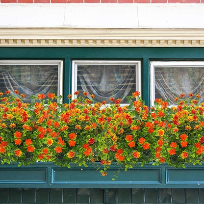 10 Bundles Artificial Fake Flowers, Faux Outdoor Plastic Plants UV Resistant Shrubs Outside Indoor Decorations (Orange-Eucalyptus)