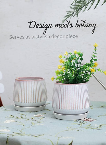 TAMAYKIM 5.5 Inch Ceramic Plant Pots with Drainage Holes and Saucers, Flower Planter with Tray for Indoor/Outdoor Planting, Succulent, Cactus & Herbs, Pink, Set of 2
