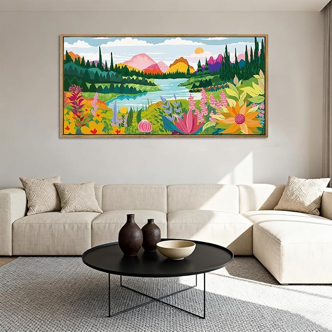ANHUIB Large Colorful Wall Art 20x40 Inch Framed Abstract Floral Wall Decor Forest Woodland Painting Muticolor Mountain Range Illustration for Living Room Dining Room Bedroom
