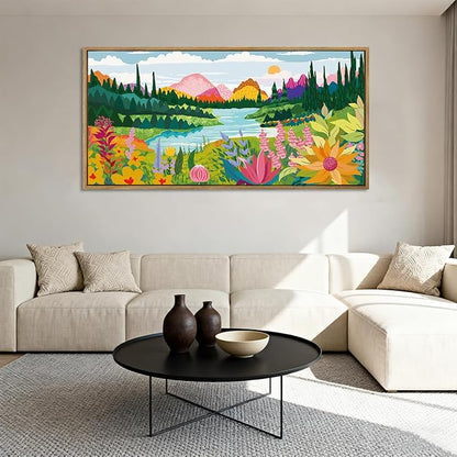 ANHUIB Large Colorful Wall Art 20x40 Inch Framed Abstract Floral Wall Decor Forest Woodland Painting Muticolor Mountain Range Illustration for Living Room Dining Room Bedroom