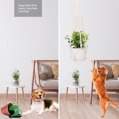 RIFNY Macrame Plant Hanger for 5 to 10 Inch Plant Pots, 35 Inch Indoor Handmade Woven Rope Hanger Kits with Hooks and Wood Beads, Hanging Planter Basket Holder for Boho Home Decor (White, 3 Pack)