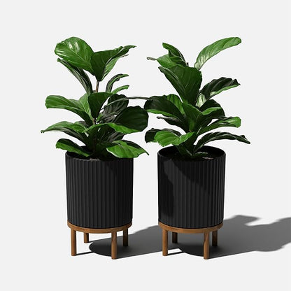 Veradek Demi Series Round Planter w/Stand for Porch/Patio | Durable Plastic-Stone Composite & Wooden Stand | Modern Décor for Tall Plants, Flowers