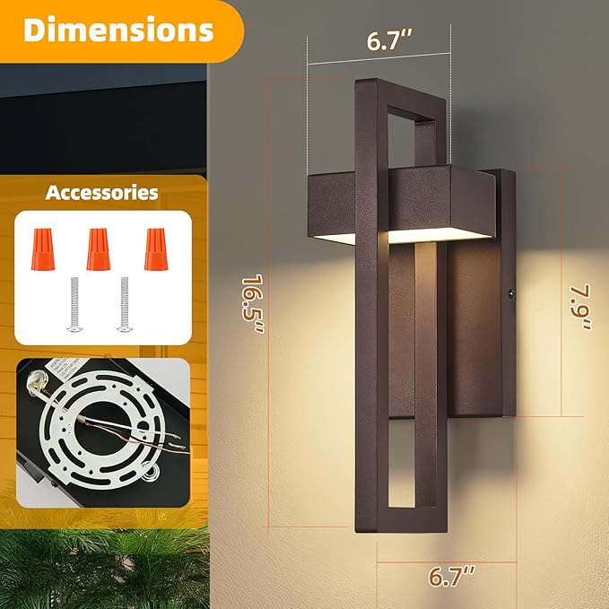 tewei 16.5'' Modern LED Outdoor Wall Sconce, Integrated LED Outdoor Light Fixtures Wall Mount Exterior Lights, Brown Front Porch Outside Lighting for House, Backyard, Warm White 3000K, 2 Pack