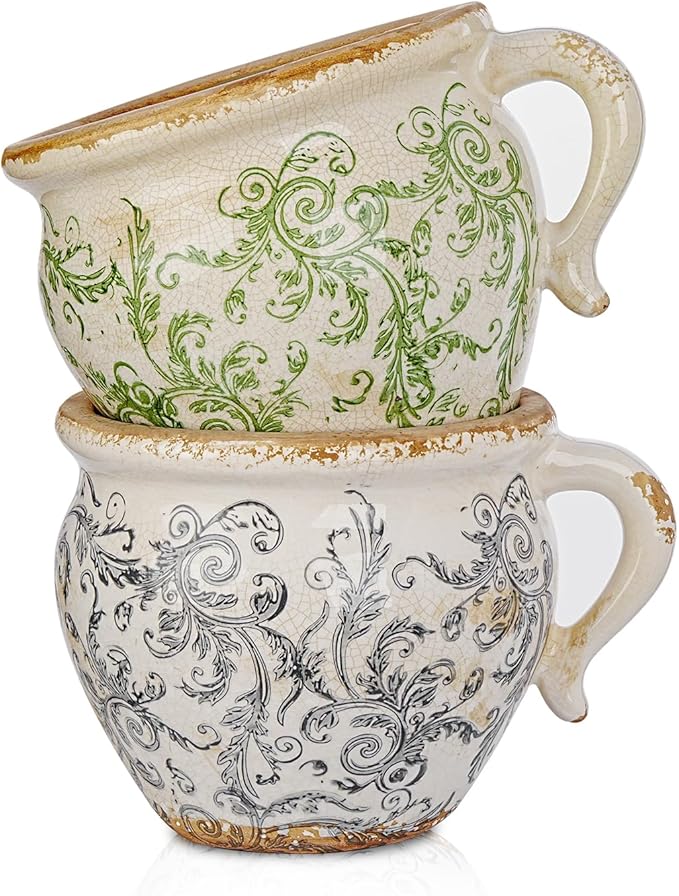 Sungmor Set of 2 Vintage Ceramic Planters with Handle - Rustic Crackle Glaze Flower Pots with Scroll Design, Drainage Hole Indoor Outdoor Decorative Plant Containers, Tuscan Decor Pots