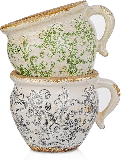 Sungmor Set of 2 Vintage Ceramic Planters with Handle - Rustic Crackle Glaze Flower Pots with Scroll Design, Drainage Hole Indoor Outdoor Decorative Plant Containers, Tuscan Decor Pots