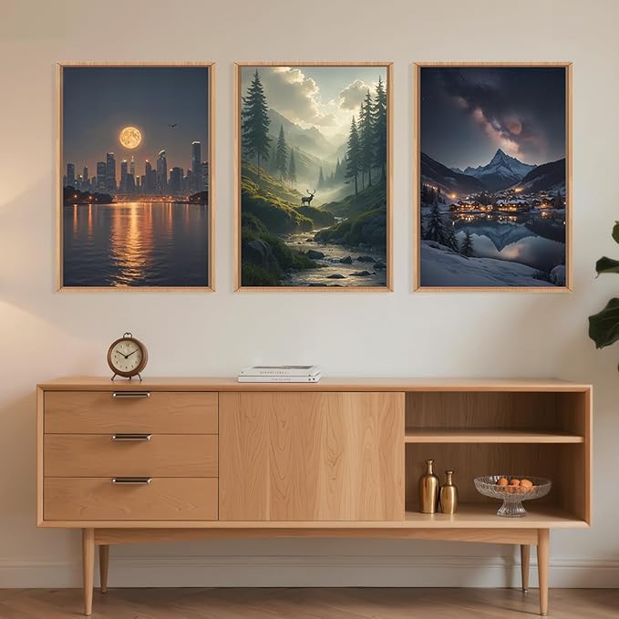 Large Modern City Moon Framed Canvas Wall Art,Forest Misty Wall Decor,Winter Town Night Wall Painting,Nature Landscape Picture Artwork for Living Room,Bedroom,Dining Room,Office -24"x36"x3