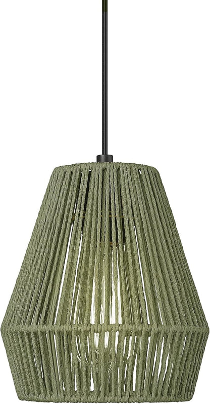 ELYONA Woven Pendant Lights, 7” Rustic Rattan Hanging Lamp Adjustable Handwoven Basket Shade, Boho Pendant Light Fixtures for Kitchen Island, Dining Room, Bedroom, Farmhouse Bar, Foyer Hallway, Green