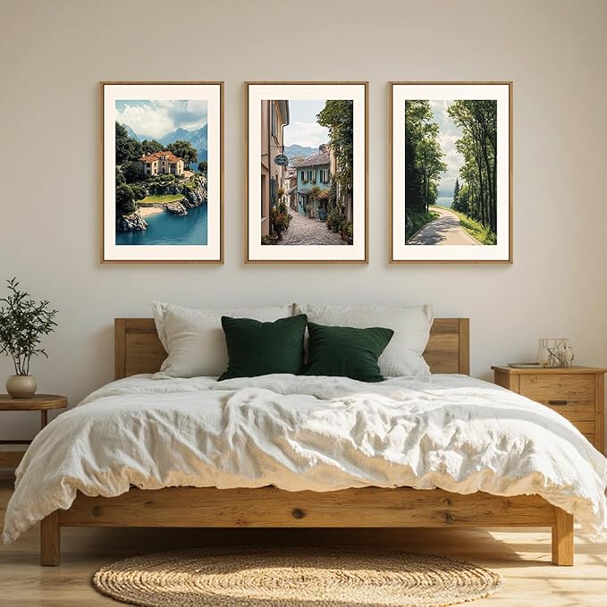 Large Vintage Italy City Coast Framed Canvas Wall Art,Modern French Country Street Wall Decor,Natural Town Tree Landscape Artwork for Living Room,Dining Room,Office -16"x24"x3