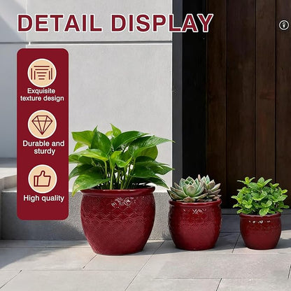 Tiered 3-Piece Ceramic Planter Set (9, 12, 15 Inch) with Drainage Holes & Saucers for Indoor Outdoor Plants, Modern Garden Pots for Succulents, Herbs, Flowers on Patio, Balcony, Windowsill - Red (Red)