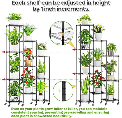 Abimars 74'' Tall Plant Stand with Wheels, Shelf Height Adjustable Metal Plant Shelf for 10 Potted Plants, DIY Assembly Indoor & Outdoor Plant Display Rack
