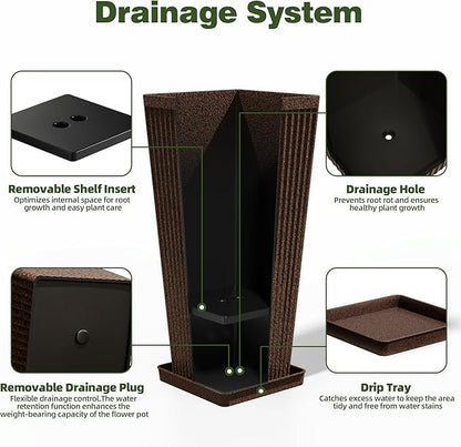 Square Tall Planters for Outdoor Plants Set of 2-23.6" Heavy-Duty Classic Tapered Indoor Flower Pots with Drainage Holes/Partition/Tray, Large Outdoor Planters for Porch Patio Garden, Brown