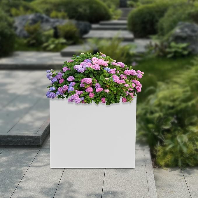 Steel Planter Box Square Indoor Outdoor Planters Large Metal Planter Flower Pot for Garden Patio Deck Yard Commercial Residential (White, 20" L x 20" W x 20" H)