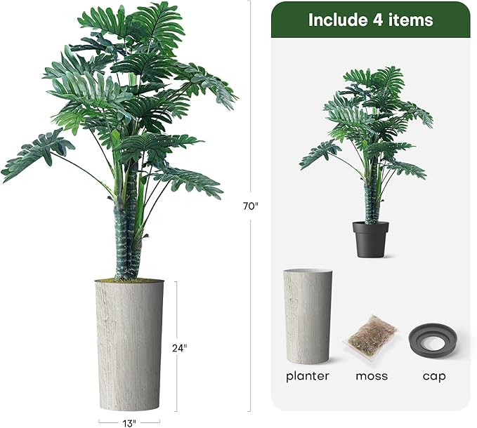 Artificial Tree in Modern Swirl Pattern Planter, Fake Philodendron Tree Silk Tree for Indoor and Outdoor Home Decoration - 70" Overall Tall (Plant Pot Plus Tree)
