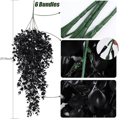 RECUTMS 6 Pack Artificial Plants Artificial Hanging Plants Faux Eucalyptus Leaf Greenery Fake Hanging Eucalyptus Plant for Wall House Room Patio Indoor Outdoor Home Shelf Office Decor (1-Black 6)