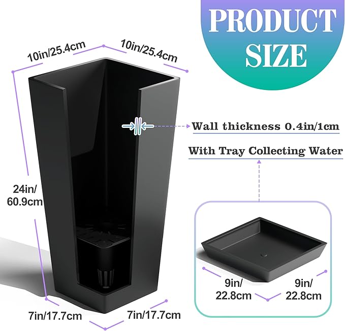 24 Inch Tall Tapered Square Planters (Set of 2) - Indoor Outdoor Large Flower Pots with Built-in Drainage & Matching Water Tray for Patio, Garden, Home - Black