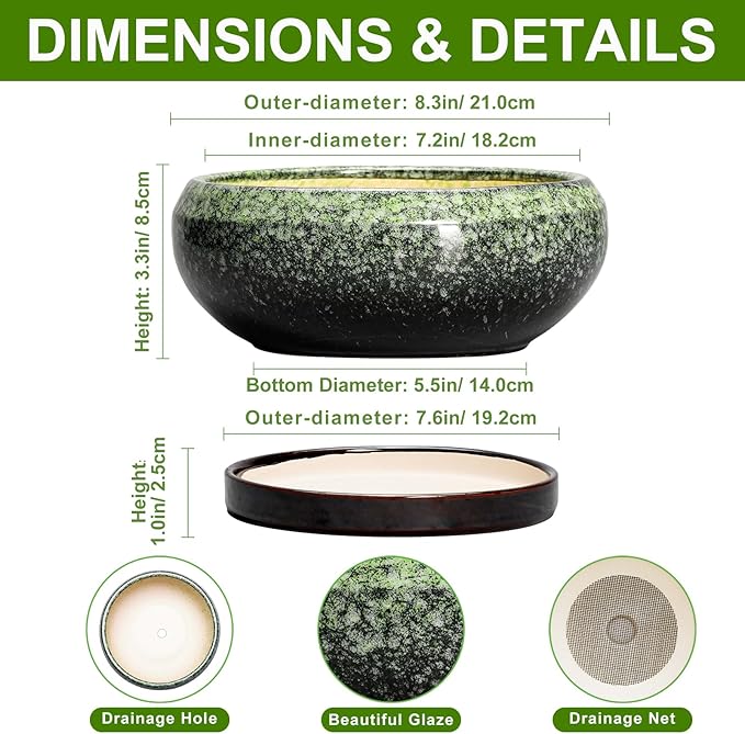 Bonsai Pots 8 Inch - Ceramic Succulent Pots with Drainage Hole and Saucer, Shallow Plant Pot for Indoor Outdoor, Bonsai Tree Pots, Round Planter Bowl, Home Decor, Gift for Plant Lover, Green