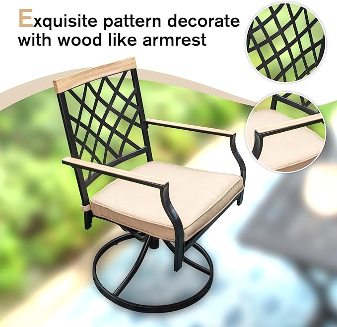 MFSTUDIO 5 PCS Patio Dining Set with 4 Swivel Metal Chairs with Cushion and 1 Heavy Duty Metal Square Table for 4, All Weather Resistant Patio Furniture for Lawn and Garden