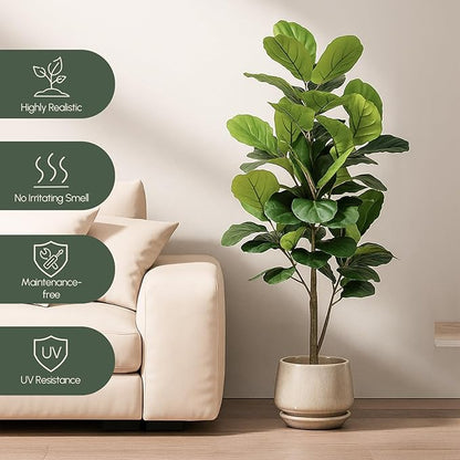 5ft Artificial Fiddle Leaf Fig Tree, Large Artificial Floor Plants Indoor, Tall Faux Plants UV-Resistant Outdoor Tree with Realistic Leaves for Home Office Living Room Decor