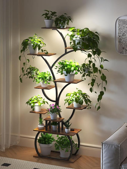 VINGLI 61" Tall Plant Stand with Grow Light, 10-Tier Indoor Plant Shelf with LED Light Strips, Tree-Shaped Metal Rack for Indoor Growing, Black