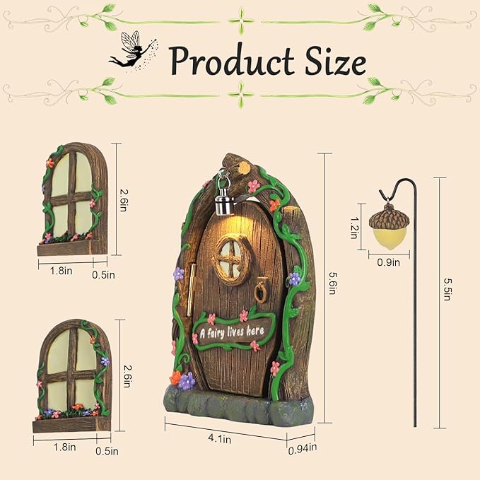 MEETYAMOR Miniature Fairy Garden Accessories, 4 PCS Opening Fairy Door and Windows with Light for Trees, Glow in The Dark Yard Art Outdoor Statues Fairy House Kit Garden Decor for Outside