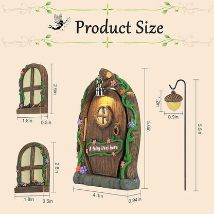 MEETYAMOR Miniature Fairy Garden Accessories, 4 PCS Opening Fairy Door and Windows with Light for Trees, Glow in The Dark Yard Art Outdoor Statues Fairy House Kit Garden Decor for Outside