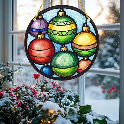 Acrylic Window Hanging Merry Christmas Balls Stained Panel Window Decoration for Outdoor Indoor Garden Yard Home Winter Decor 12 Inch