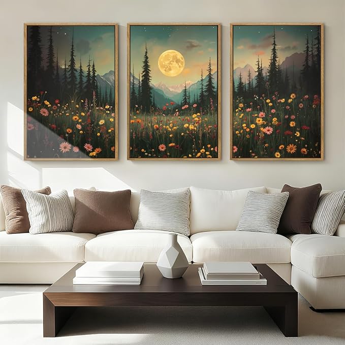 ANHUIB Large Wildflower Wall Art Mountain Floral Wall Decor Pine Tree Paintings Set of 3 for Living Room Bedroom Dining Room 16x24 Inch
