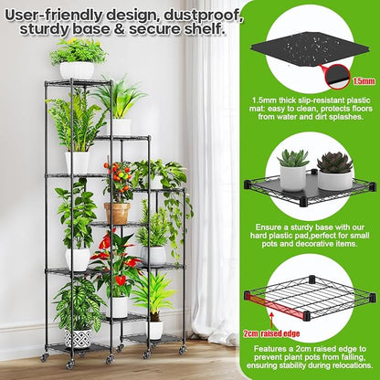Abimars 74'' Tall Plant Stand with Wheels, Shelf Height Adjustable Metal Plant Shelf for 10 Potted Plants, DIY Assembly Indoor & Outdoor Plant Display Rack