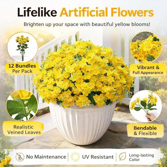 alyptus Artificial Flowers for Outdoors, 12 Bundles UV Resistant Spring Fake Flowers for Porch, Patio & Garden Decor – Realistic Outdoor Fake Plants with Lasting Color - Yellow