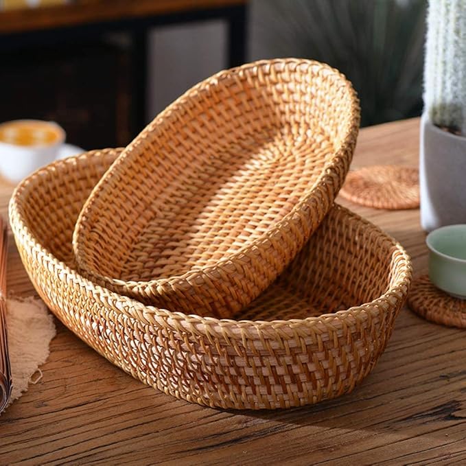 i-lan Set of 2 Oval Rattan Bread Baskets, 13 Inch Handwoven Wicker Basket Long with 2.7” Wall, Decorative Narrow Serving Basket Boho Bowl for Fruit, Food, Snack, Brown, 2-size:S+L