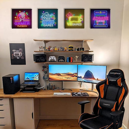 BLINFEIRU Game Room Decor Wall Art Video Gaming Pictures Canvas Prints 4 Piece Cool Pop Gaming Posters for Teen Room Boys Bedroom Framed Ready to Hang 12"x12"x4