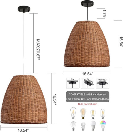 Rustic Rattan Chandelier Light Fixtures, 16.5IN Boho Hand Woven Pendant Light, 3-Lights Farmhouse Lampshade Dinning Room Hanging Lamp for Living Room Kitchen Island Hallway Bedroom Hallway