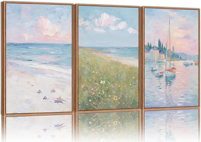 Rantodecor Impressionist Framed Canvas Wall Art, Blue and White Pink Beach Wall Decor, Pastel Preppy Sailboat Posters Art Prints, Coastal Beach House Artwork for Bedroom Living Room Office 16"x24"x3