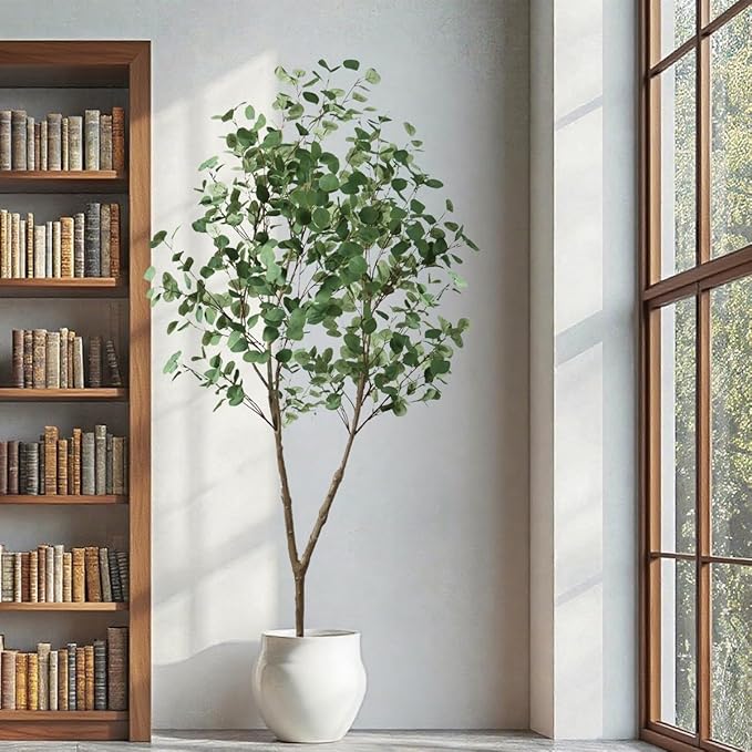 6.89ft Artificial Tree, Faux Eucalyptus Tree with Lifelike Leaves, Fake Eucalyptus Tree with Sturdy Plastic Pot, Artificial Plants for Office Home Living Room Indoor Outdoor Decor