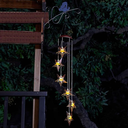 Tryme Solar Wind Chimes Star Wind Chime Warm LED Hanging Solar Lights Unique Garden Decor Memorial Thanksgiving Gifts for Mom Grandma Sister Home Party