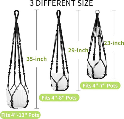 Macrame Plant Hanger - Fits 4 to 13 inches Pots for Indoor Outdoor, 35"/29"/23" Different Sizes Set, Black (POTS NOT Included)