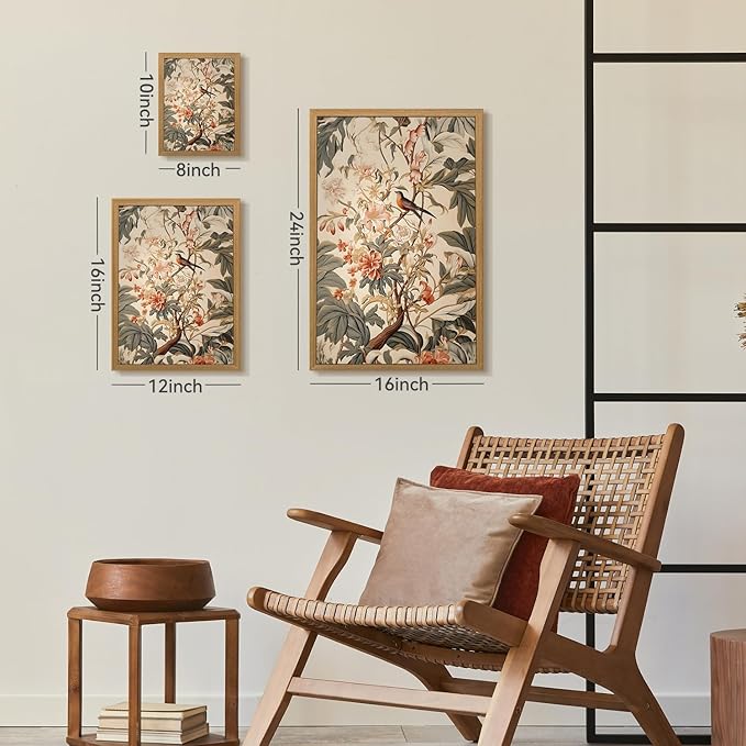 CAZLOUC Vintage Neutral Botanical Wall Art, Retro Beige Green Wall Decor, Garden Bird Floral Canvas Artwork, Classic Botanical Nature Poster Print for Living Room Bedroom Wood Framed 8x10 Inch