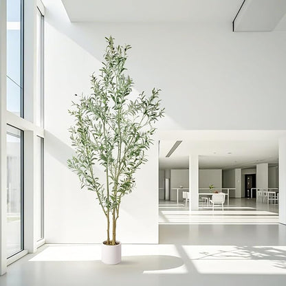 Artificial Fake Olive Tree 7FT Tall 1Pack with White Planter Faux Silk Olive Tree for Home Living Room Office Decor Faux Artificial Plants Indoor with Fruit & Free Moss