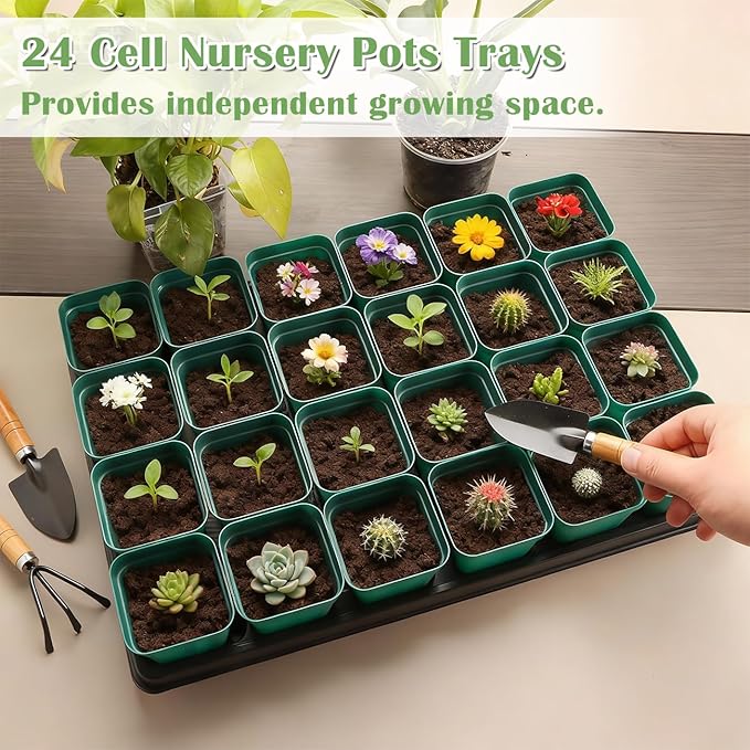 2.8 inch (7CM) Square Nursery Pots 120pcs (Green) and 24 Cell Nursery Pots Trays 5 Pack, Plastic Seedling Starter Tray with Drain Holes for Carrying and Holding Plant Pot(17"x11"x1.6")