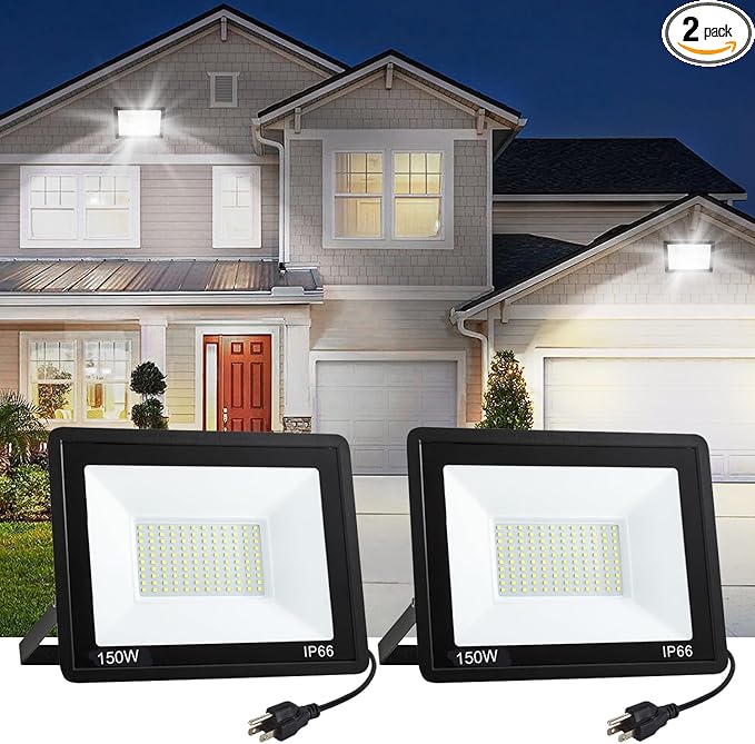 2 Pack 150W LED Flood Light Outdoor Plug in,15000 LM Super Bright Security Lights,IP66 Waterproof LED Work Light 6000K Daylight White,Floodlights for Garage,Yard,Garden,Playground