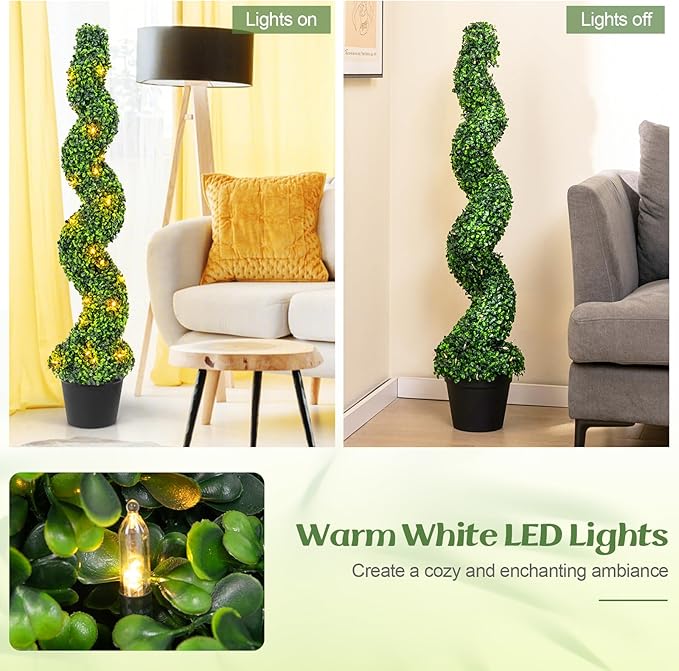Goplus 4FT Pre-Lit Artificial Spiral Boxwood Topiary Tree, 2 Pack 47” Tall Faux Potted Fake Greenery Plants w/ 100 LED Lights, Nursery Pot, Indoor Outdoor Home Front Porch Holiday Decoration