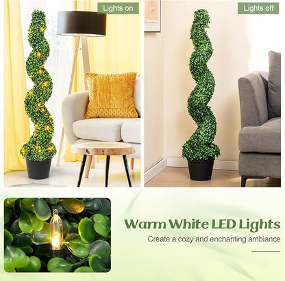 Goplus 4FT Pre-Lit Artificial Spiral Boxwood Topiary Tree, 2 Pack 47” Tall Faux Potted Fake Greenery Plants w/ 100 LED Lights, Nursery Pot, Indoor Outdoor Home Front Porch Holiday Decoration
