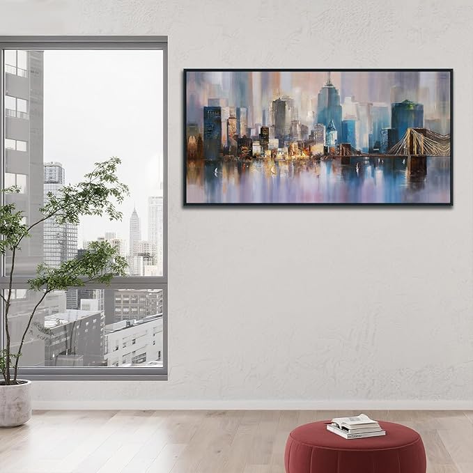 Anolyfi Black Framed Large Abstract CityScapes Canvas Wall art for Men Room, Textured Painting Artwork for Living Room Hallway Bedroom Kitchen Office Home Decor, Framed Black 58"x29"