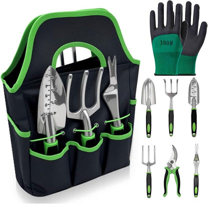 8 Piece Garden Tools, Green Anti-Slip Heavy Duty Gardening Hand Tools. Suitable for gardeners, potted indoor use of small garden tools to organize with a handbag